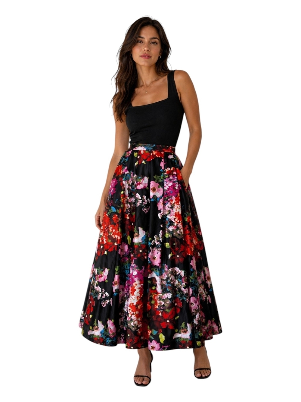 Blondie Nites Black Floral Maxi Skirt with Red & Pink Blooms W/ Pockets